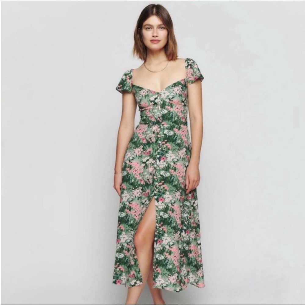 Reformation Green and Pink Floral Midi Dress